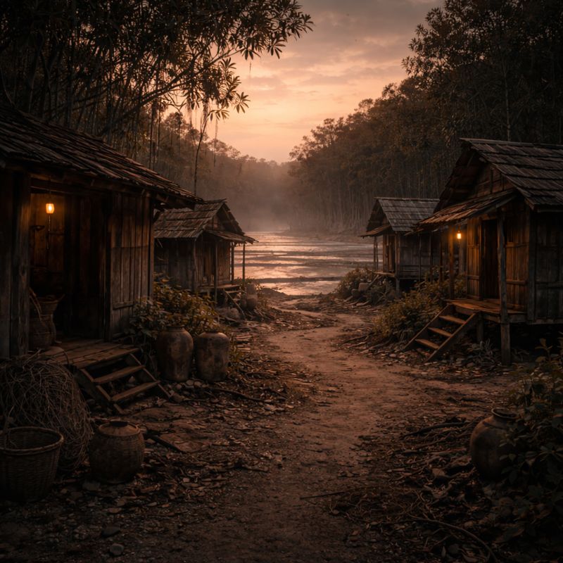 A remote Southeast Asian village near salt pans at sunset, quiet and isolated beneath an uneasy sky.