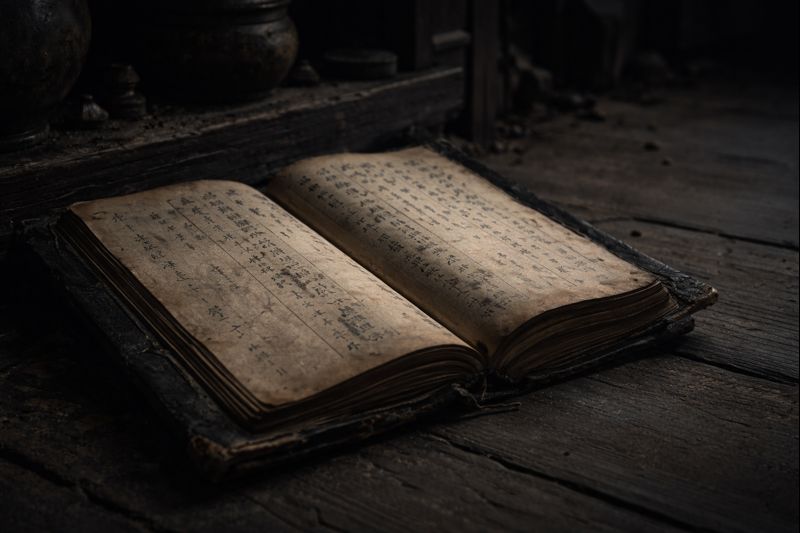 Old leather-bound ledger with traditional Chinese writing discovered beneath an ancestral altar
