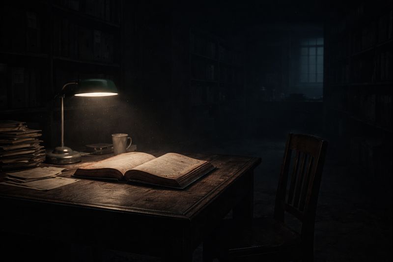 A dim archive room at night with a red-bound ledger resting on a wooden desk