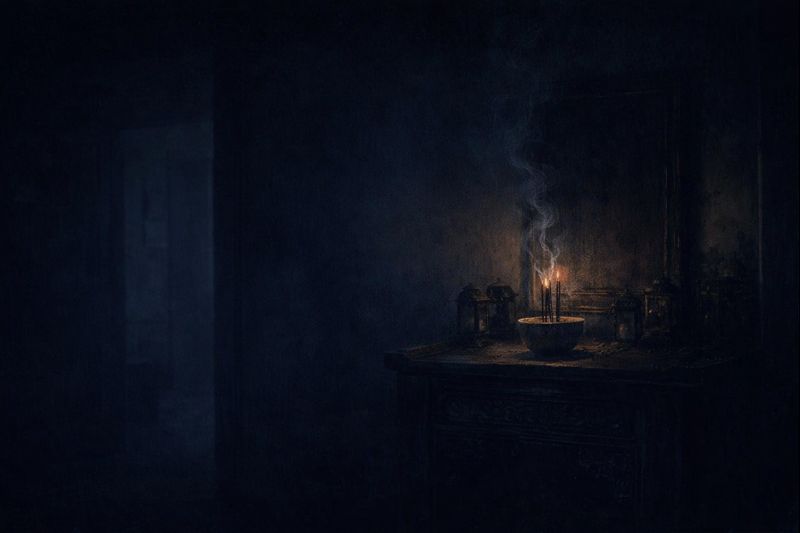 Dimly lit ancestral altar with incense and candles inside a dark room, setting a supernatural horror atmosphere