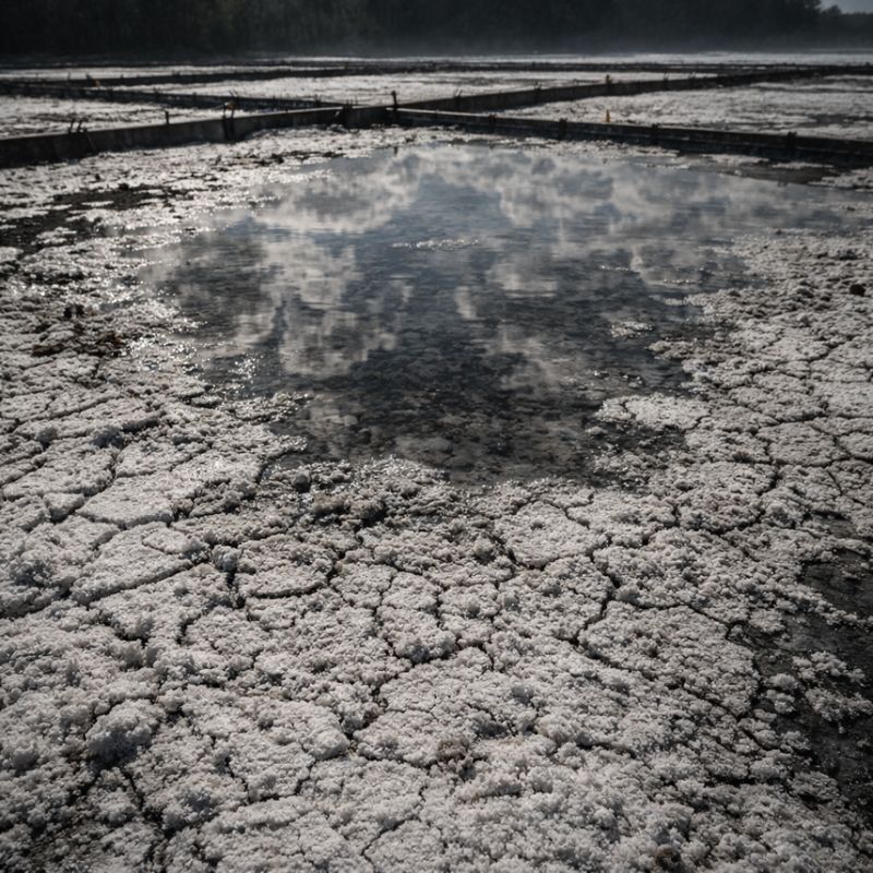 Cracked salt pans under harsh light, symbolizing decay and broken rituals in folk horror.