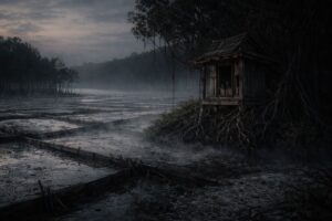 A mist-covered salt field beside a wooden shrine at dusk, evoking Southeast Asian folk horror and forgotten rituals.