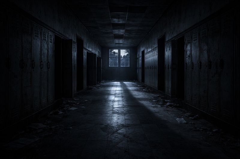 Dark abandoned school hallway with open lockers and moonlight