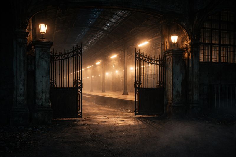 Old city train station lit up at night despite being abandoned