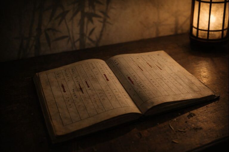 An ancestral family register showing red ink marks of a bloodline curse across generations