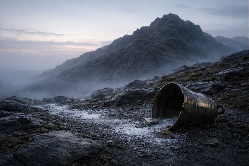 Remnants of a broken mountain ritual left behind at dawn