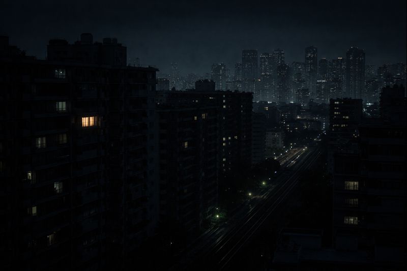 Quiet city skyline at night with distant train tracks