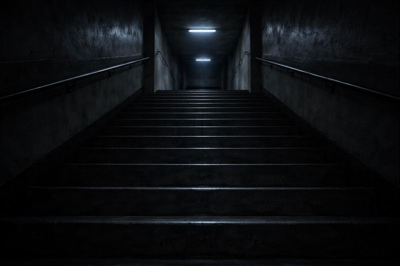 Haunted stairs inside a school growing darker as night approaches