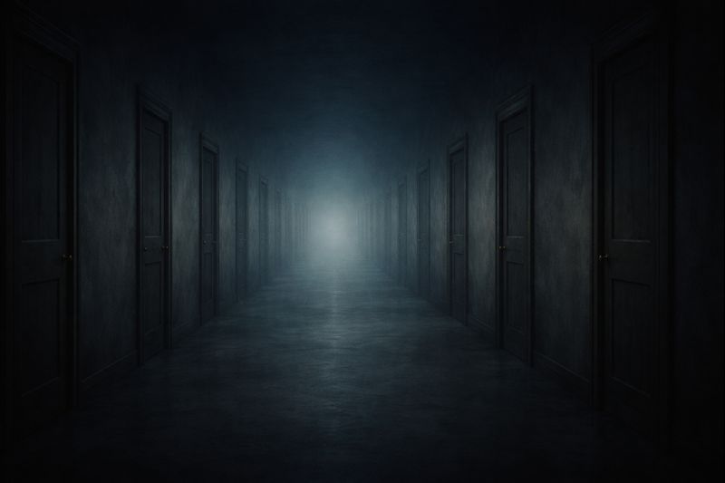dark corridor is lined with many closed doors on both sides