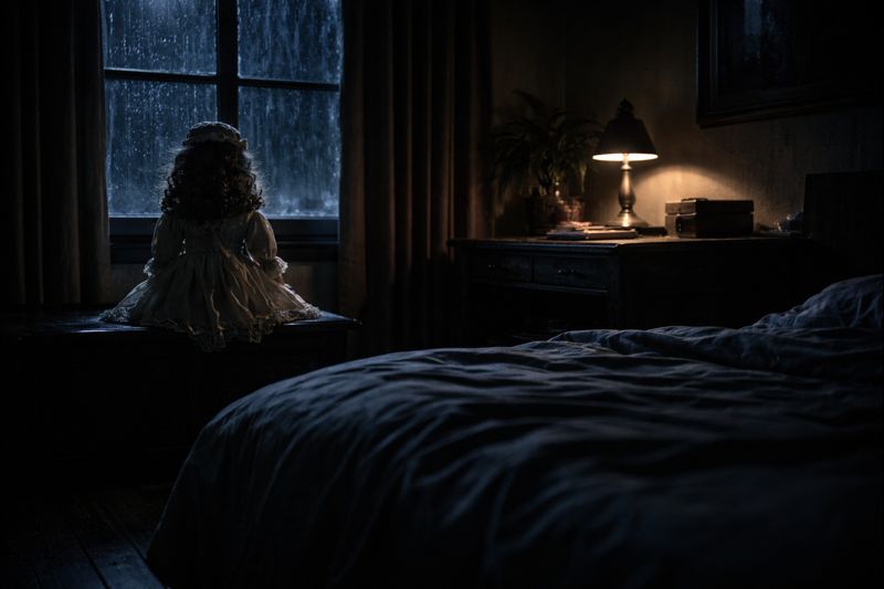 doll facing a bed at night as it whispers a name in the dark