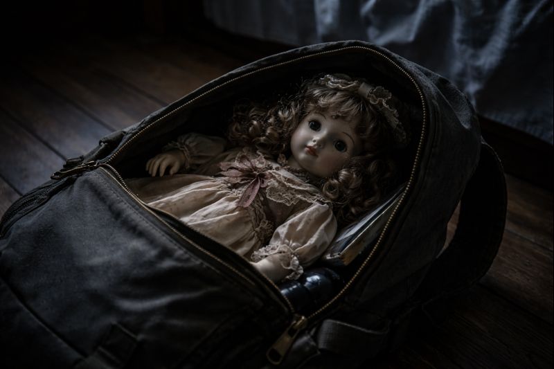 porcelain doll inside a backpack after whispering a name in the dark