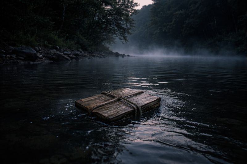 boxed doll sinking into a river after whispering a name in the dark