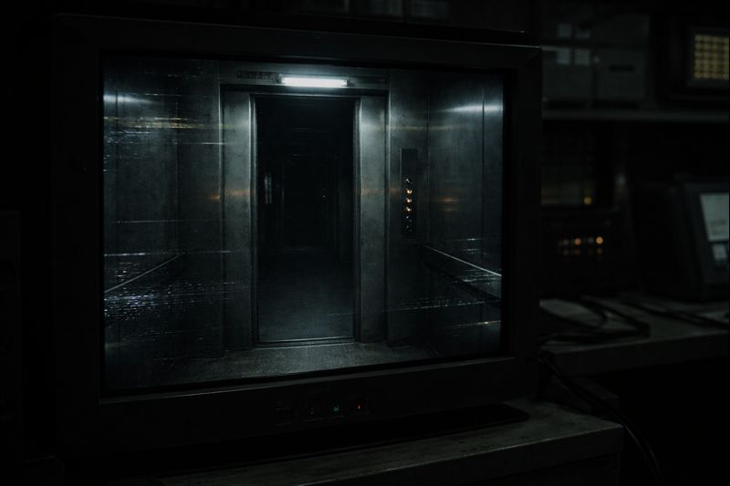 glitching CCTV footage of an elevator interior