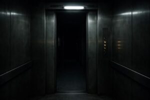 dimly lit elevator in an Asian apartment building at night