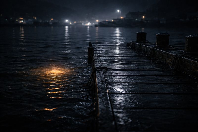 Quiet harbor pier at night after rain with no lantern in sight