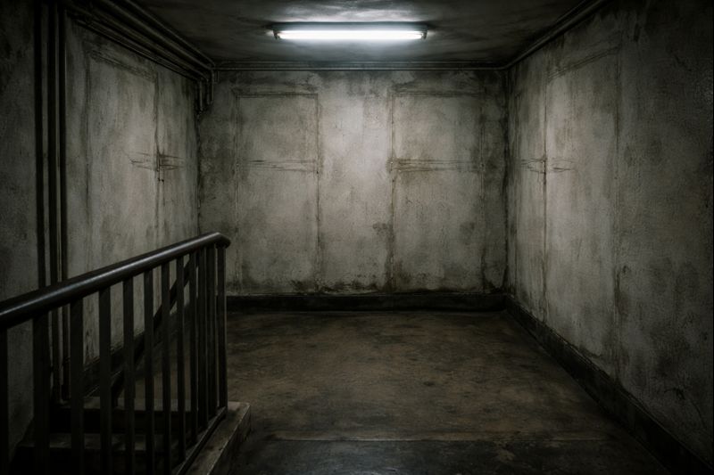 Haunted apartment stairwell showing erased floors and vanished doors