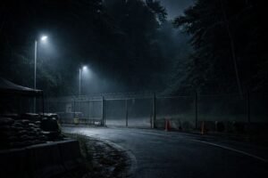 Floodlit training ground facing a dark forest where a ghostly rollcall is rumored to begin