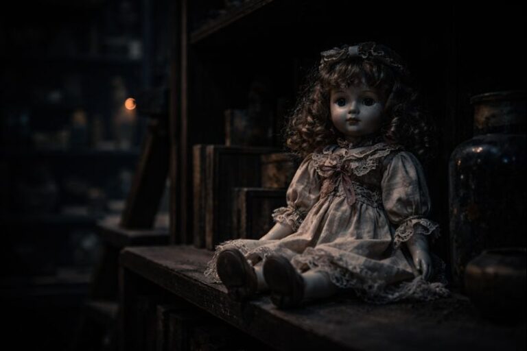 porcelain doll on antique shelf whispering a name in the dark