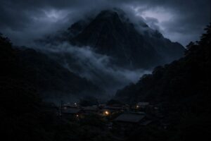 A looming mountain watches a quiet village at dusk before a forbidden ritual