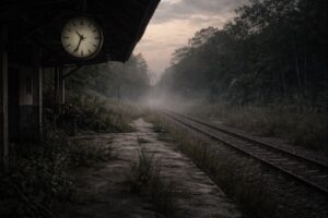 A forgotten train station with an old clock frozen at 6:17 and empty tracks at dusk