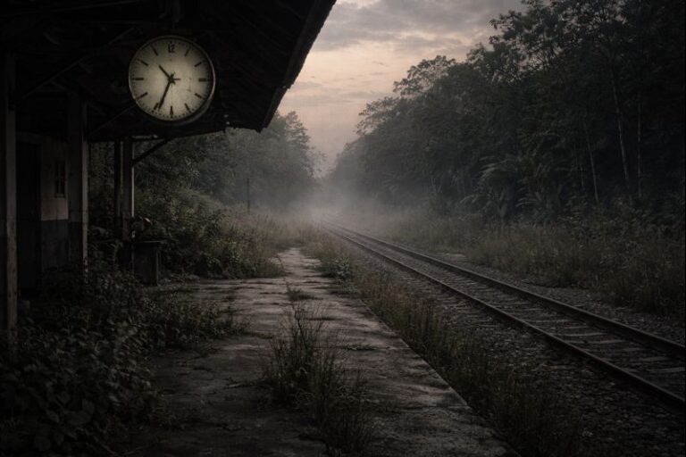 A forgotten train station with an old clock frozen at 6:17 and empty tracks at dusk