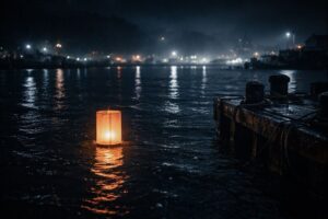 Glowing paper lantern drifting near Keelung Harbor at night during Ghost Month