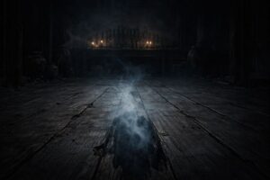 Ancestral hall interior in rural Taiwan during Ghost Month with cracked floorboards and drifting incense smoke