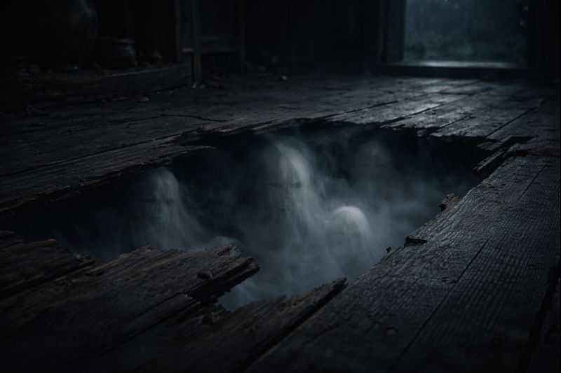 Cracked wooden floorboards revealing pale spirit forms during a Ghost Month ritual at night