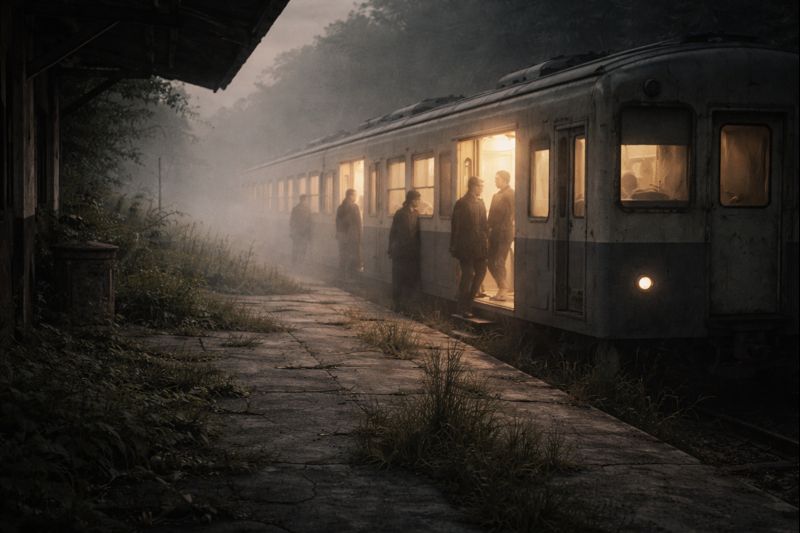 A silent train appearing through fog as shadowy figures quietly board