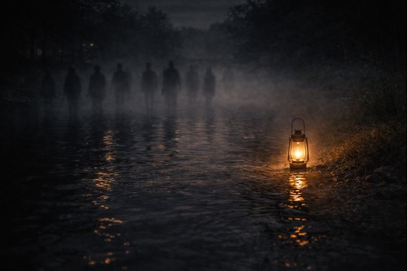 Peaceful spirits fading into light near a glowing lantern by a river