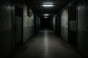 Dim corridor inside a haunted apartment that changes at midnight
