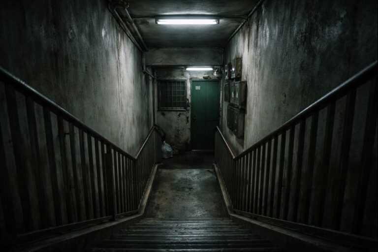Haunted apartment stairwell inside an old residential building where floors disappear