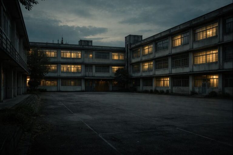 haunted classroom in an old Asian secondary school at dusk
