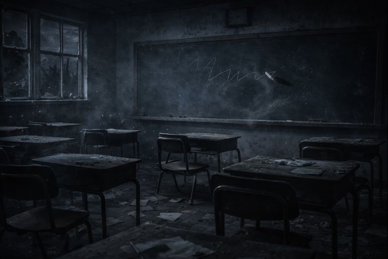 Abandoned classroom with chalkboard writing appearing by itself