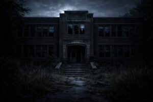 Abandoned haunted school at night with broken windows and moonlight