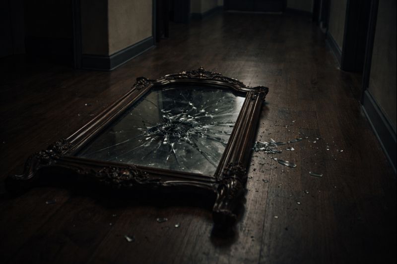 Haunted mirror broken on the floor of a quiet apartment room