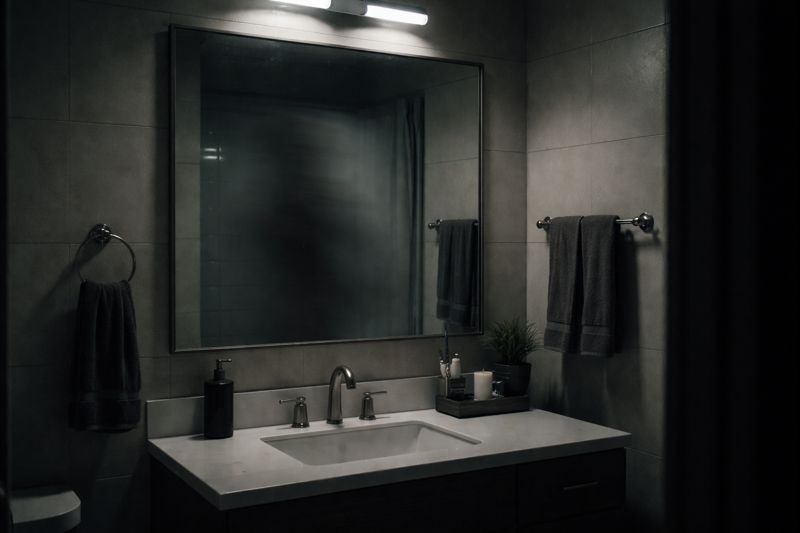 Haunted mirror showing a delayed reflection inside an apartment bathroom