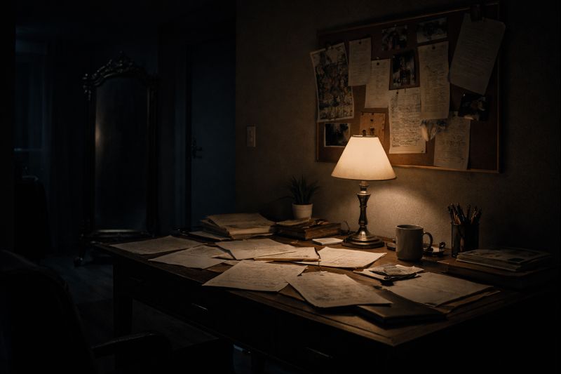 Haunted mirror near old documents and research notes in an apartment room