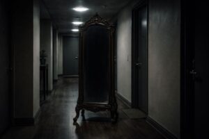 Haunted mirror standing in a newly renovated apartment hallway at night