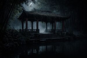 Foggy abandoned pavilion at Lotus Crossing under moonlight