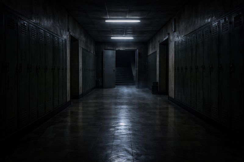 Haunted stairs hidden behind a fire door in an old Asian school hallway