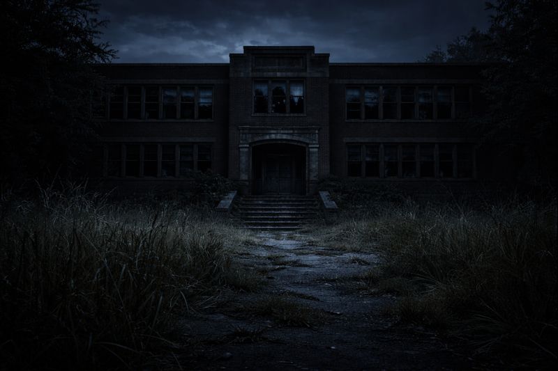 Haunted abandoned school standing silent under moonlight