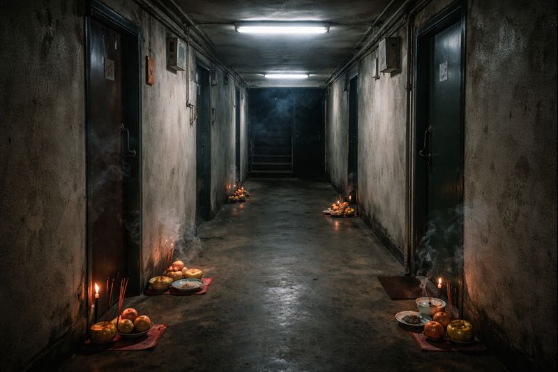 Haunted apartment stairwell during Hungry Ghost Month with incense offerings