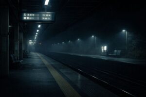 Empty city train platform at night with glowing digital signboard