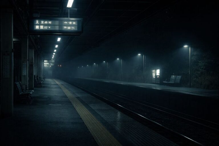 Empty city train platform at night with glowing digital signboard