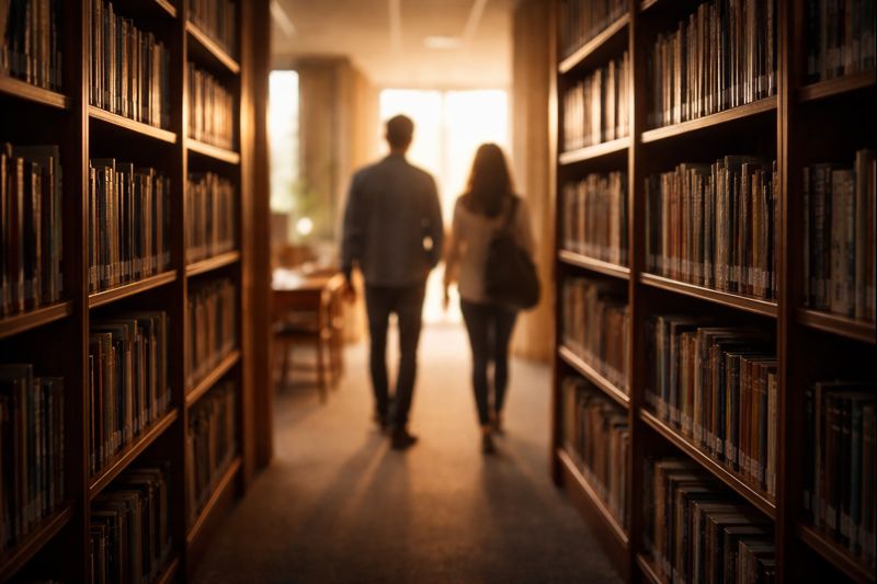 Soft silhouettes walking through a library aisle filled with warm light