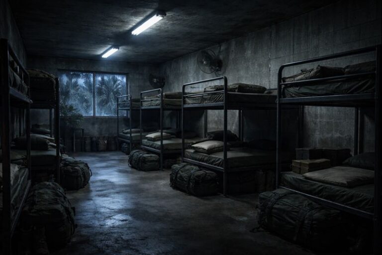 A dimly lit military bunk inside a coastal training camp at night