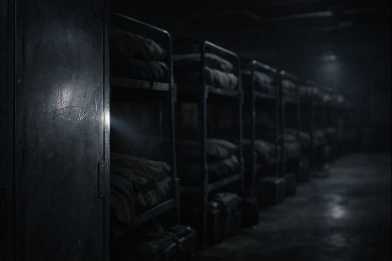 Dim military barracks with a faint scratch on a locker panel beside a bunk bed