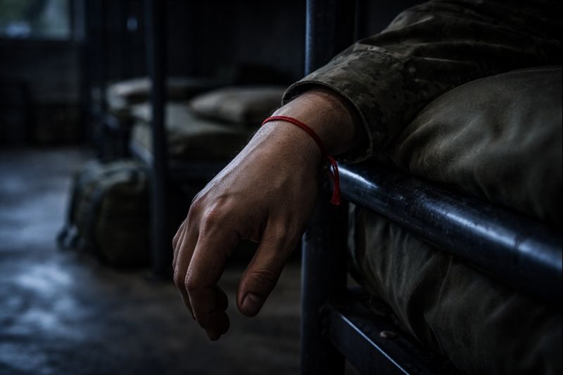 A red thread tied around a recruit’s wrist inside a military bunk