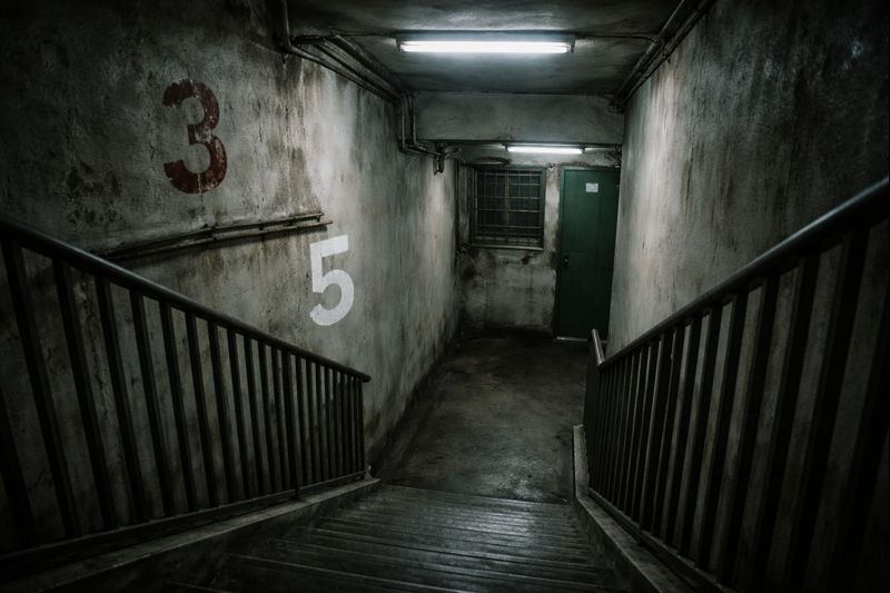 Haunted apartment stairwell with a missing floor number between levels